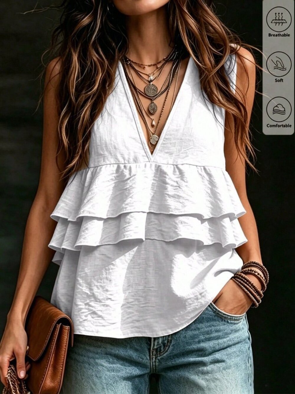 White Casual Women's Tank Elegant ruffled Tank Top - Picture 3 of 6